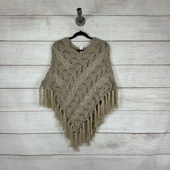 Maurices Women's Tan Fringe Open Knit Sweater Poncho Top One Size - Picture 1 of 7